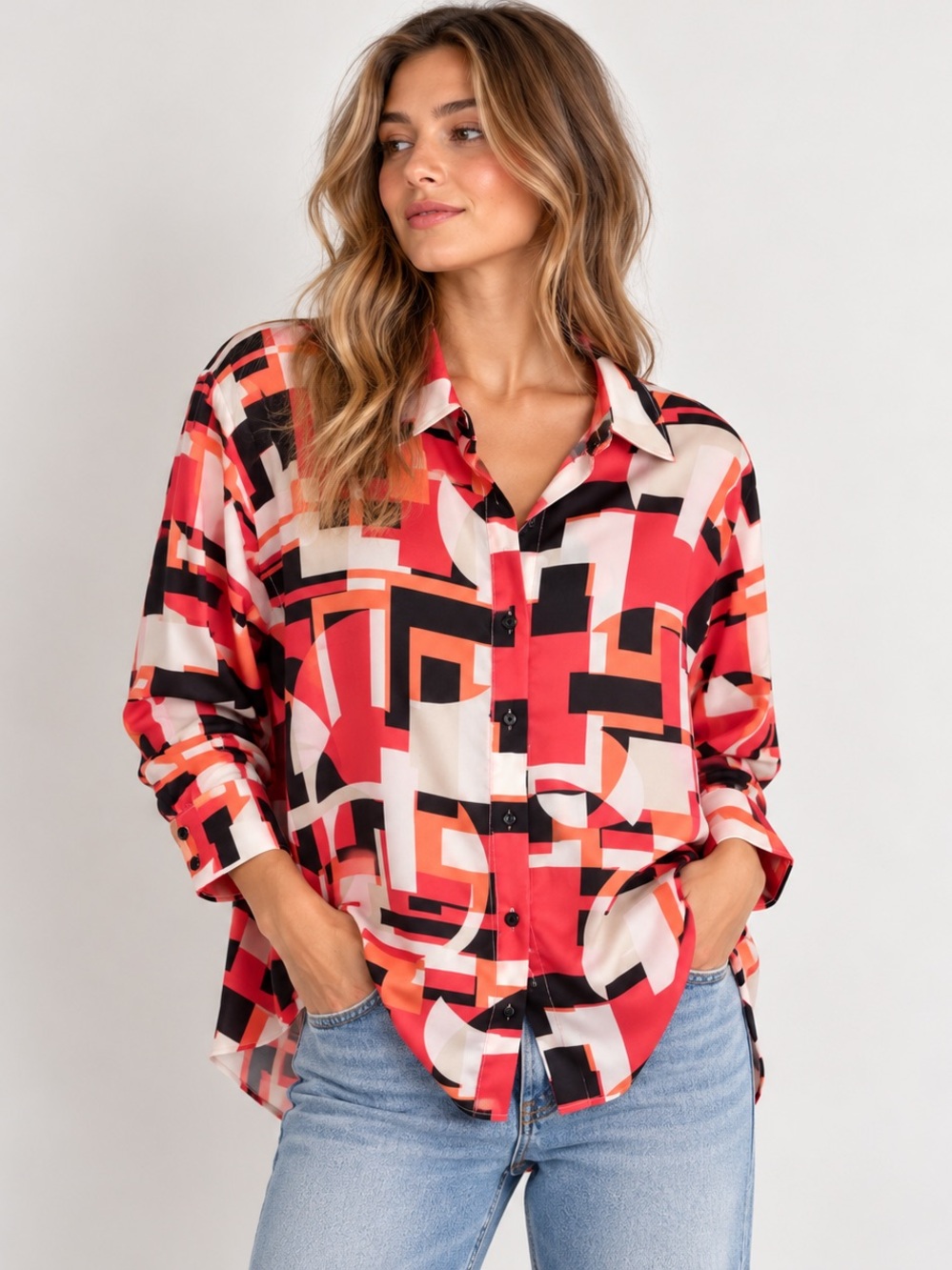 NWOT Karl Lagerfeld Paris Oversized Abstract Geometric Button-Down Blouse
